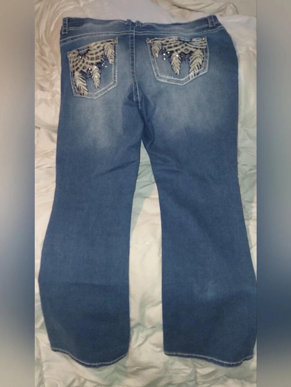 Copper Flesh Curvy Bootcut Denim Jeans w/Feather Design Pockets Size Women's 18 - Picture 6 of 7
